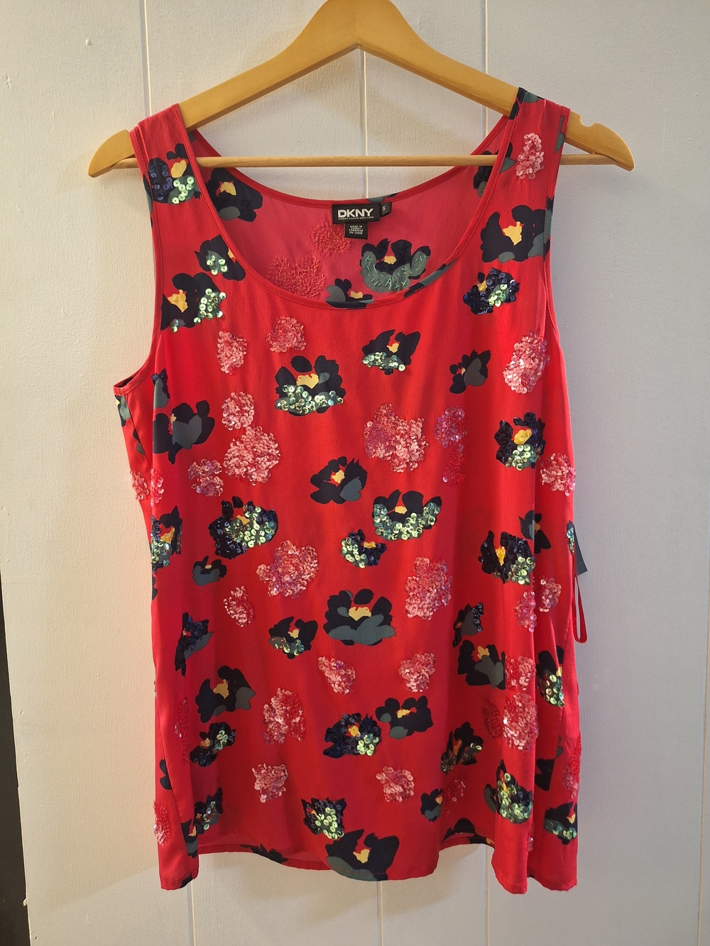 DKNY Red Floral Sequin Tank Top